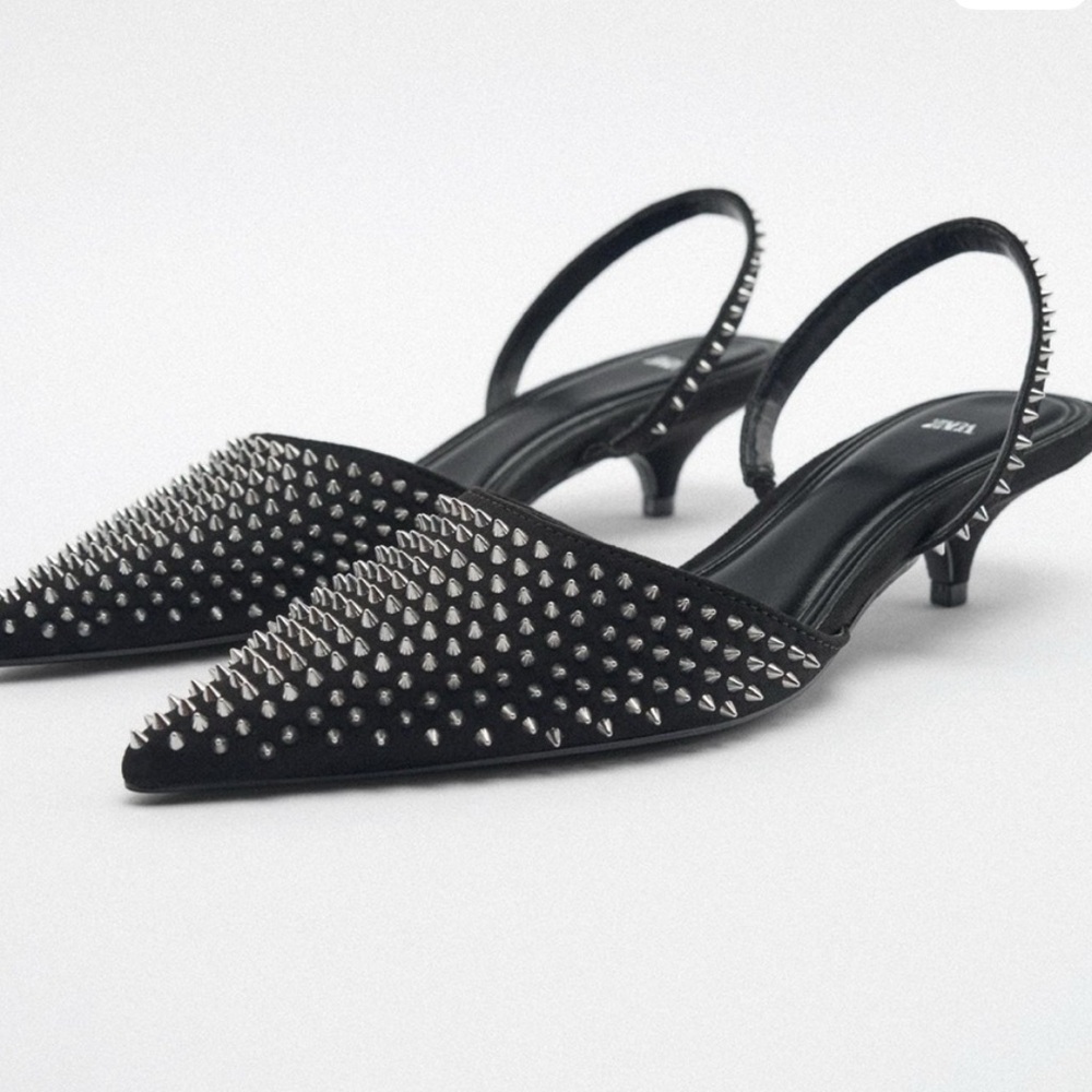 Zara Black Studded Pointed Slingback Heels with Silver Spikes